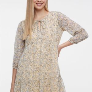 Floral Boho Mini Dress – Yellow & Blue Print, Size S, Excellent Condition